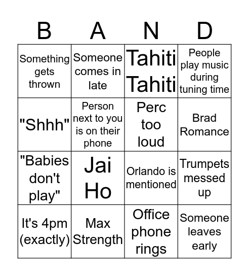 Band Bingo Card