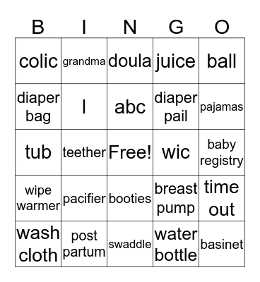 Javanni's Baby Shower Bingo Card