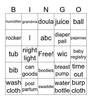 Javanni's Baby Shower Bingo Card