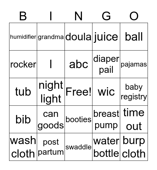Javanni's Baby Shower Bingo Card