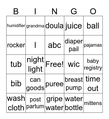Javanni's Baby Shower Bingo Card
