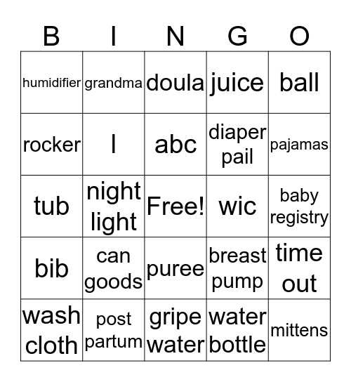 Javanni's Baby Shower Bingo Card