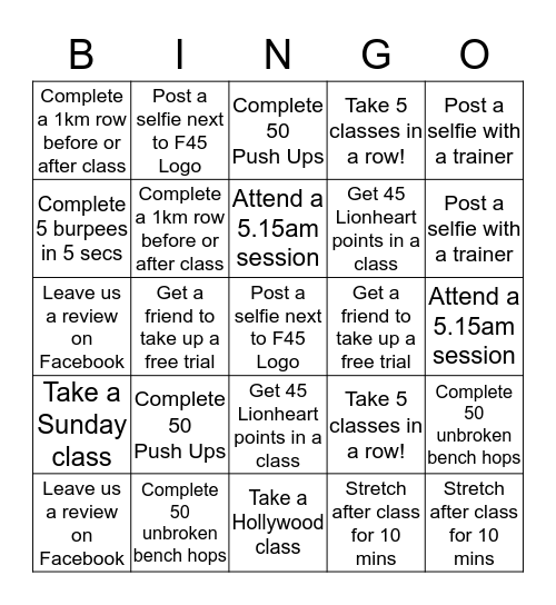 F45 Bingo Card