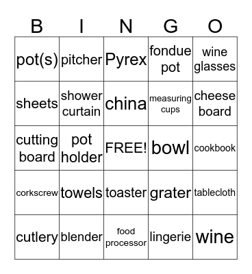 Bridal Bingo Card