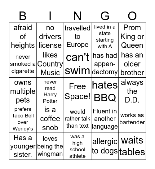 CLASS ICEBREAKER Bingo Card