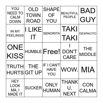 TODAY'S HITS Bingo Card