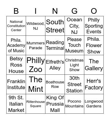 A Taste of Philly Bingo Card