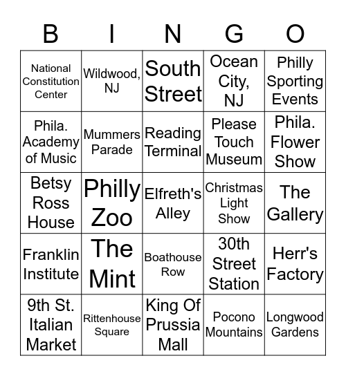 A Taste of Philly Bingo Card