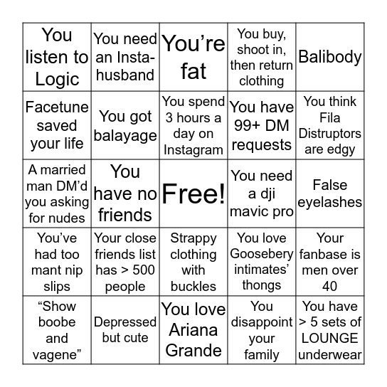 You’re a basic IG Model BINGO Card