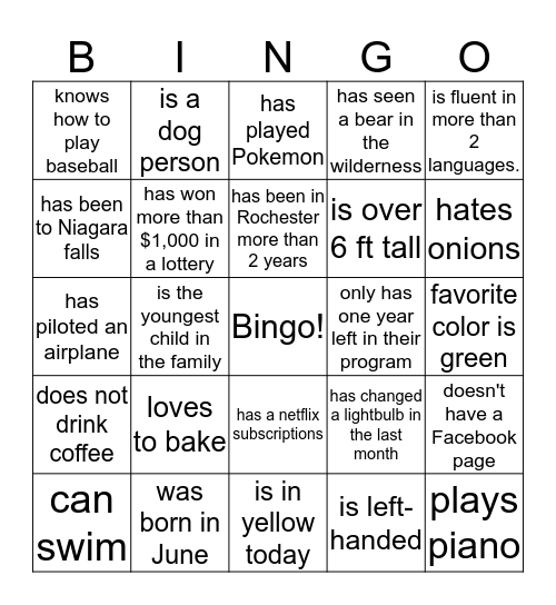 People Bingo- Find someone who Bingo Card