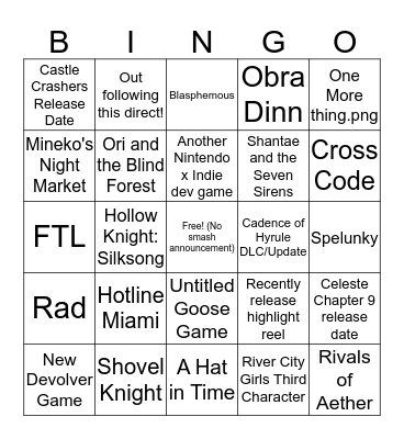 Nintendo Indie Direct Bingo Card