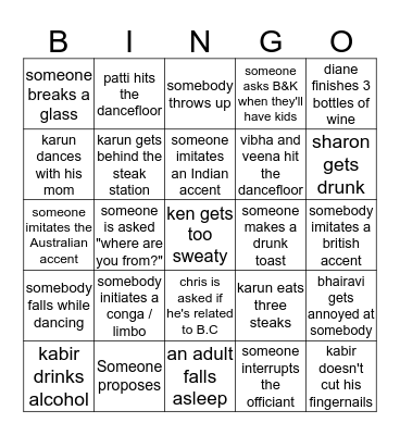 B&K's wedding Bingo Card