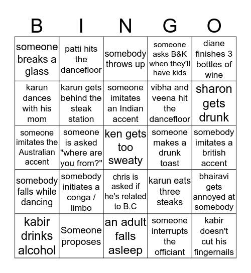 B&K's wedding Bingo Card