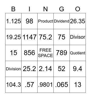 Long Division Bingo Card