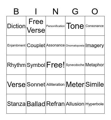 Poetry Terms Bingo Card