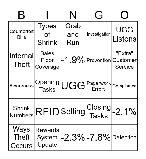 UGG Bingo Card