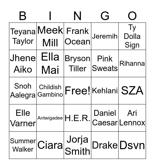 Trap Bingo: R&B Bingo Card