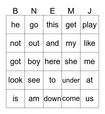 sight words bingo Card