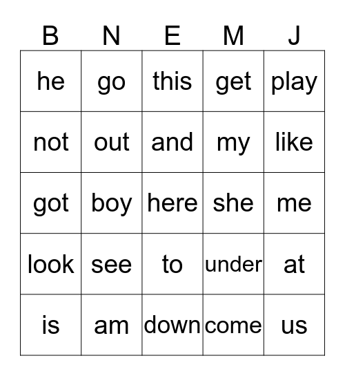 sight words bingo Card