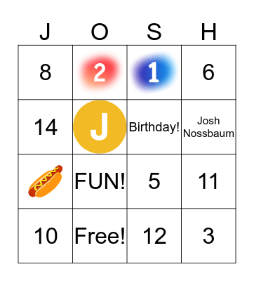 Josh's Birthday party Bingo Card