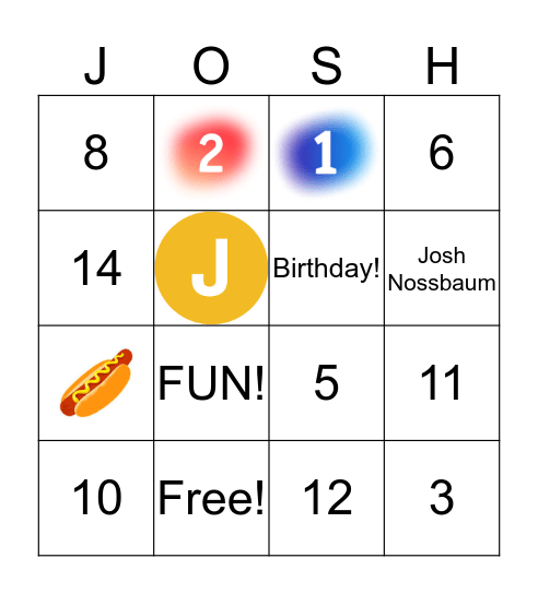 Josh's Birthday party Bingo Card