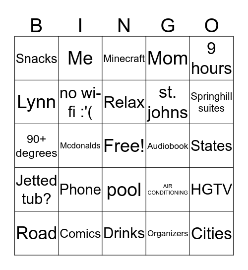 Road trip Bingo Card