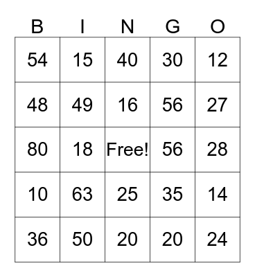 Multiplication Bingo Card