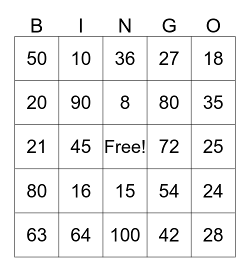 Multiplication Bingo Card