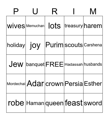 Purim Bingo Card