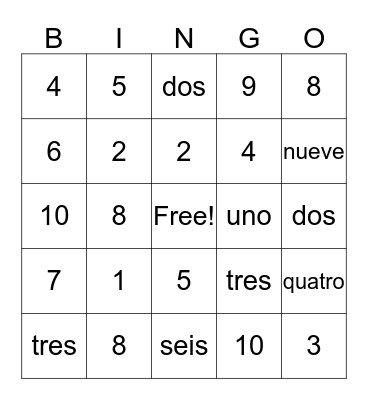 Numbers Bingo Card