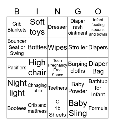 Teen Pregnancy: The Cost Of Raising A Baby Bingo Card