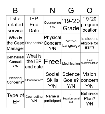 IEP Bingo Card