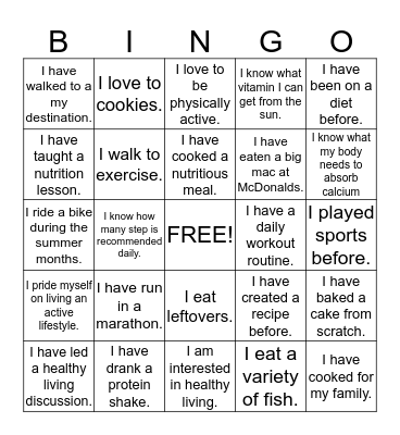 Healthy Living  Bingo Card