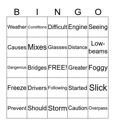 Bad Weather Bingo Card