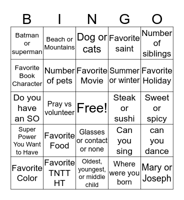 Get to Know Me Bingo Card