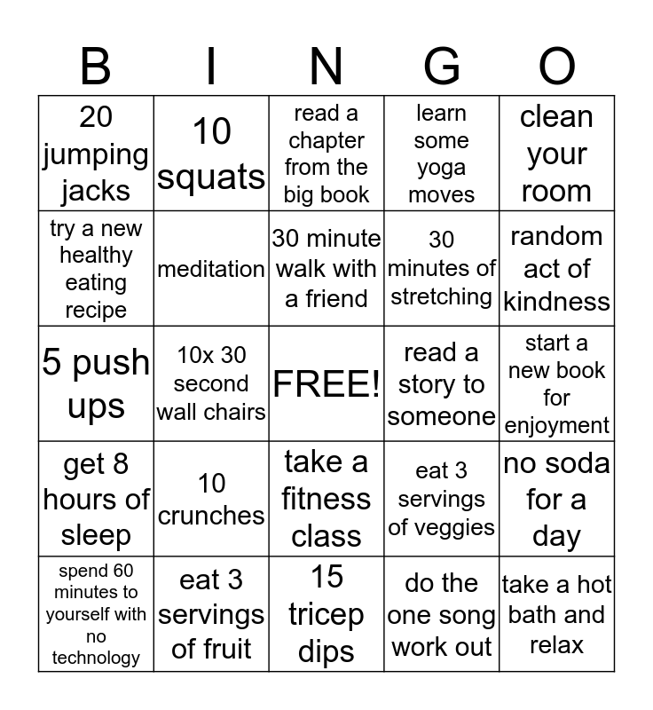 Healthy Lifestyle Bingo Card