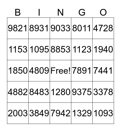Grote getallen bingo Card