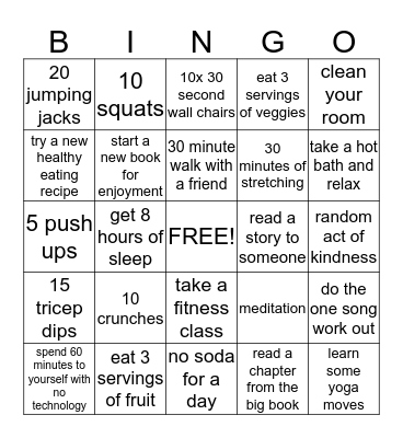 Healthy Lifestyle Bingo Card