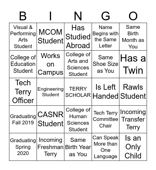 Terry Scholar Bingo Card