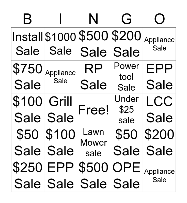 Sales Bingo Contest Bingo Card