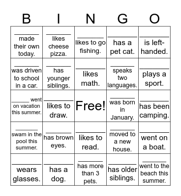 Classmate Bingo Card