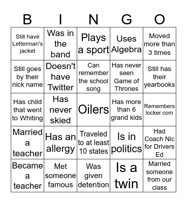 Whiting High Bingo Card