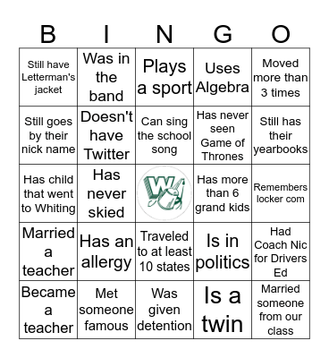 Whiting High Bingo Card