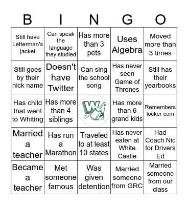 Whiting High Bingo Card