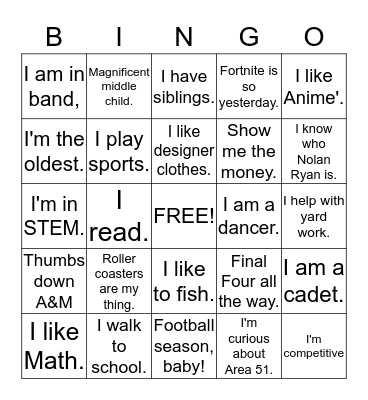 Get to Know Me Bingo Card