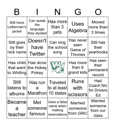 Whiting High Bingo Card