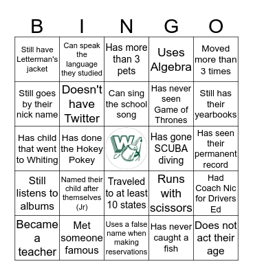 Whiting High Bingo Card