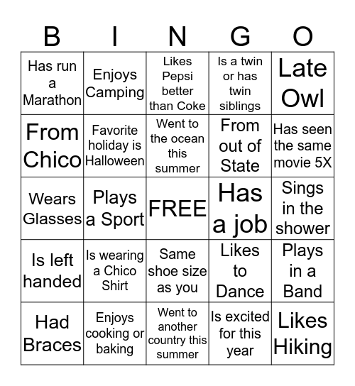 CHICO WELCOME BINGO Card