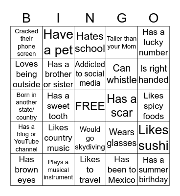 About Me BINGO Card