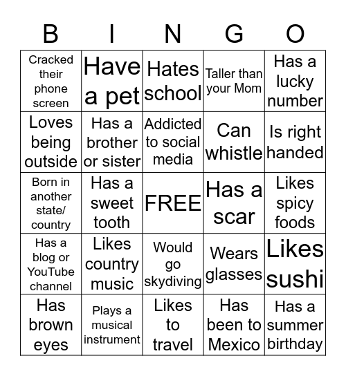 About Me BINGO Card